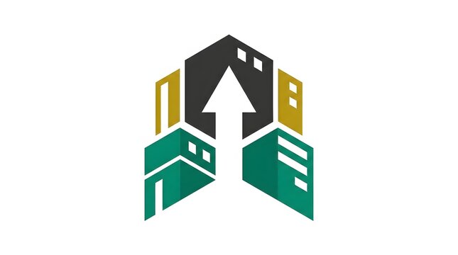 Modern real estate logo design featuring abstract buildings and an upward pointing arrow symbol for growth