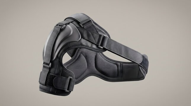 An adjustable orthopedic shoulder brace, shown against a neutral background, designed to support the rotator cuff and treat dislocations. AI generated.