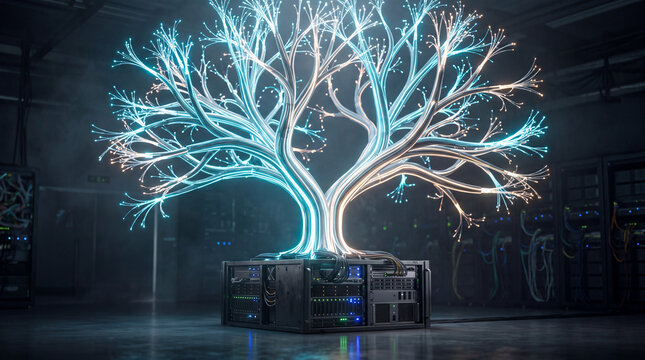 Fiber optic tree growing from server hardware in dark data center for network concept