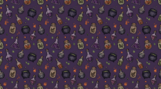 Seamless Halloween pattern with witch potion bottles and magic hats