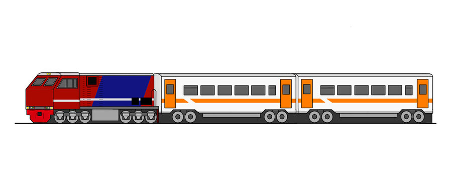 An illustration of a train featuring an aerodynamic diesel locomotive in red and blue pulled along passenger cars