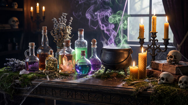 Mystical witch cauldron with glowing magic smoke, vintage potion bottles on wooden table, Halloween alchemy altar setting