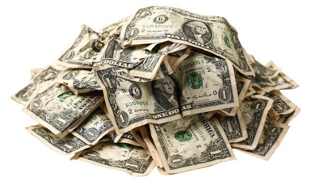 Large pile of crumpled one dollar bills stacked in a heap