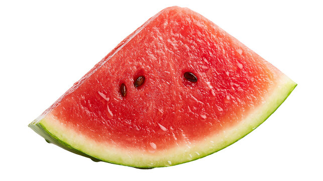 Fresh triangular slice of juicy red watermelon with black seeds and green rind