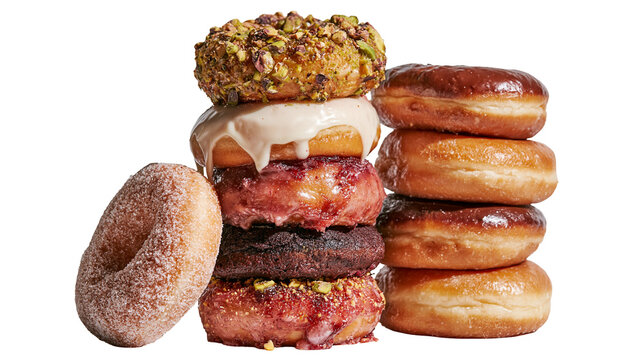 Stack of assorted glazed and sugar coated donuts with pistachio and berry toppings