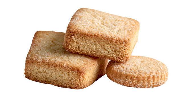 Two square and one round buttery shortbread cookies with granulated sugar topping