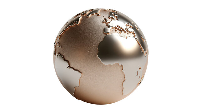 Polished metallic bronze and silver globe sphere with world map continents
