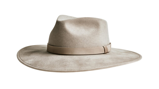 Beige felt fedora hat with wide brim and matching leather band