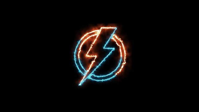 Neon line Energy electricity lighting bolt sign icon with circle icon. neon battery charging icon animation on black background.