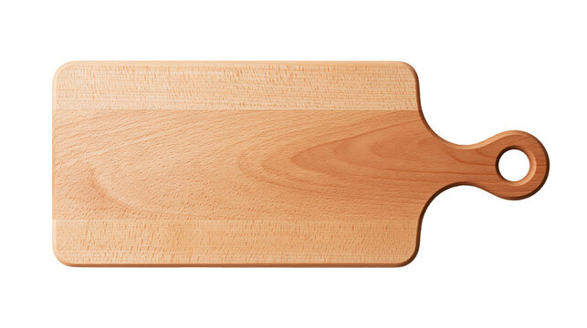 Rectangular wooden cutting board with a round handle and hanging hole