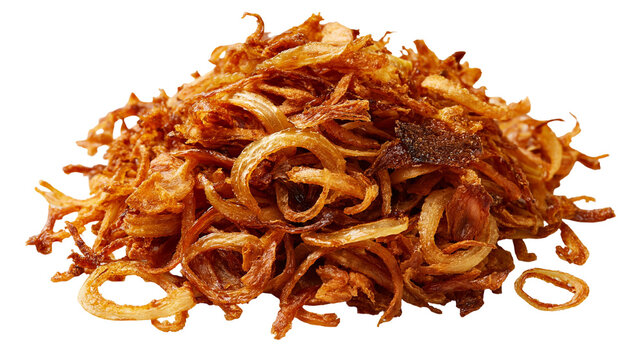 Golden crispy fried onion strings and small rings pile