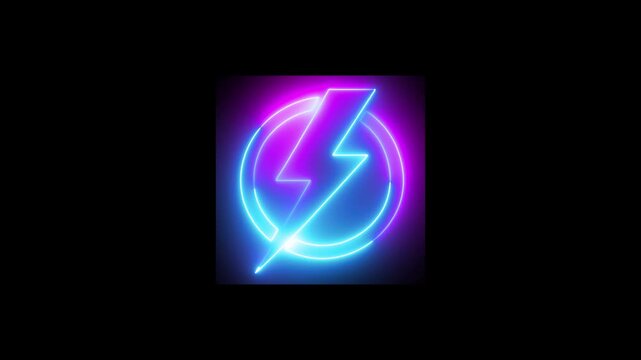 Neon line Energy electricity lighting bolt sign icon with circle icon. neon battery charging icon animation on black background.
