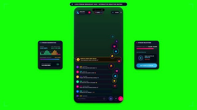 Modern Mobile Application User Interface Concept Featuring Data Analytics Dashboard and Interactive Communication Feed Elements on Green Screen