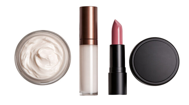 Open jar of white face cream lip gloss tube, and pink lipstick with black cap