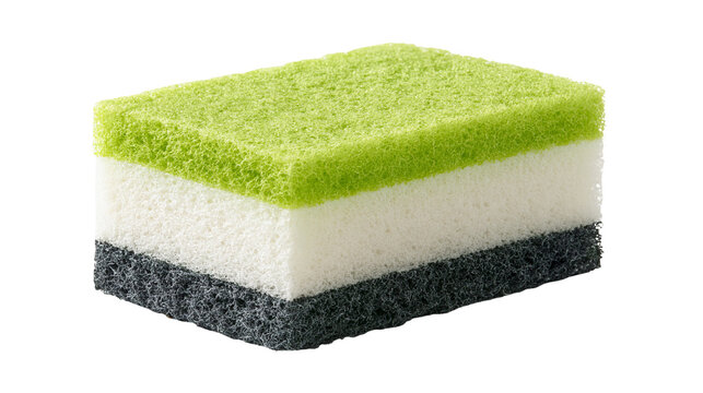 Rectangular kitchen sponge with green abrasive layer and white foam core