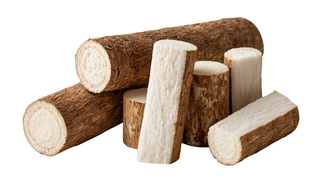 Fresh raw cassava root pieces with brown bark and white starchy interior
