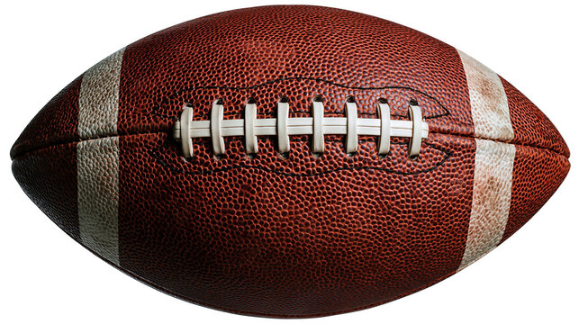 Brown leather American football with white laces and white stripes