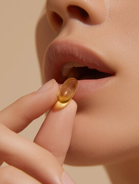 Extreme close up of woman taking translucent golden oil gel capsule to open mouth for daily health care.