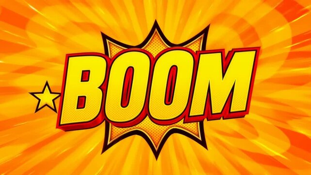 Comic Boom text with star burst background and animated sparkles, motion graphics.