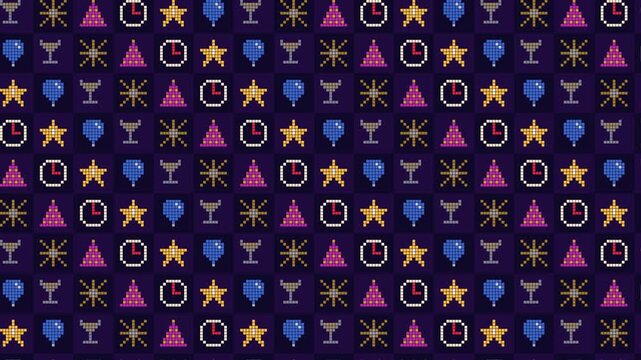 Diagonal scrolling pattern of pixel art party icons with champagne, fireworks, party hats, clocks, stars and balloons