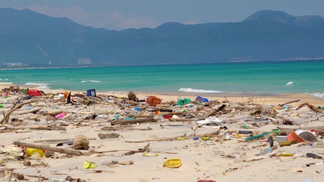 Efforts to clean up area critical ecosystem storm. Public city beach shows significant pollution ecological disaster plastic containers, household waste, bottles, debris scattered along shoreline.