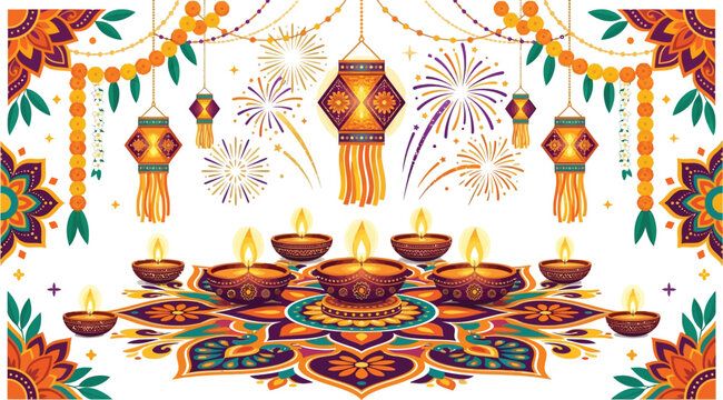 Diwali festival background with diyas and colorful rangoli patterns