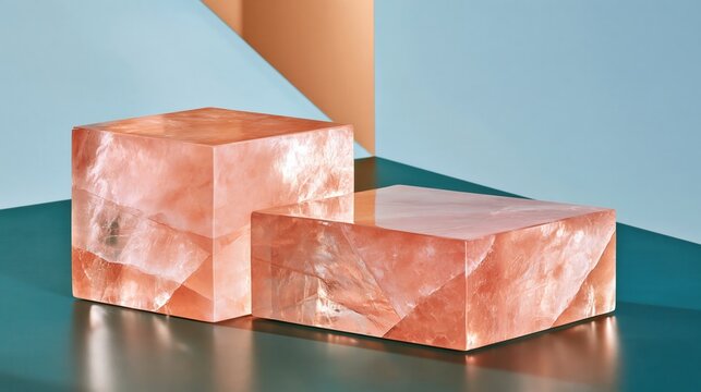Two stepped translucent rose quartz blocks on teal surface with pastel blue and orange geometric background, soft studio lighting