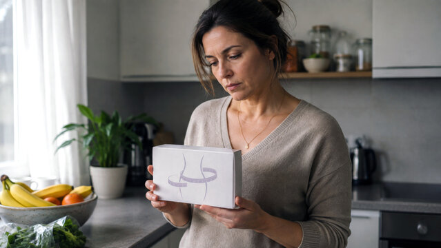 Middle aged woman examining a weight loss product package at home in a healthy lifestyle and diet concept