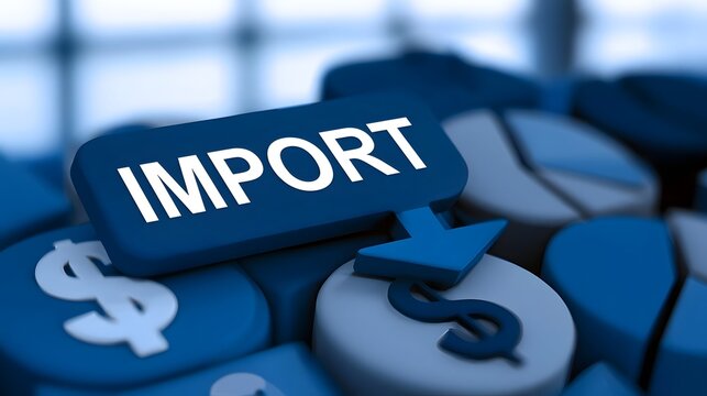 A blue button labeled  IMPORT  with dollar signs and a downward arrow  symbolizing international trade and financial transactions