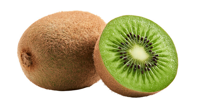Whole and sliced fresh green kiwi fruit with fuzzy brown skin