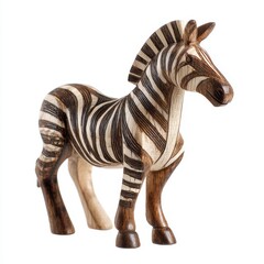 Obraz premium Small Carved Wooden Zebra Figurine Isolated On A Bright White Background With Natural Texture