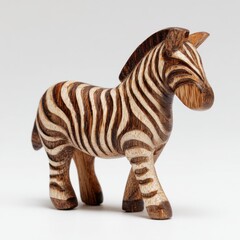 Obraz premium Small Carved Wooden Zebra Figurine Isolated On White Studio Background With Soft Lighting