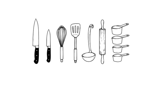 Hand drawn kitchen utensils vector set, minimal cooking tools and cutlery outlines isolated on white background