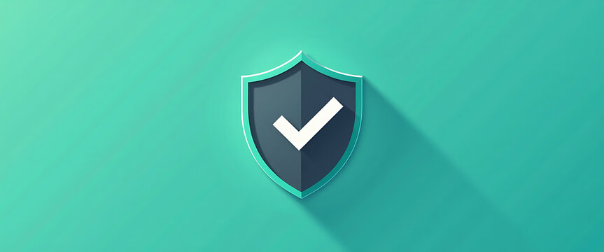 Dark blue security shield with white tick mark on vibrant turquoise background for modern software interfaces.