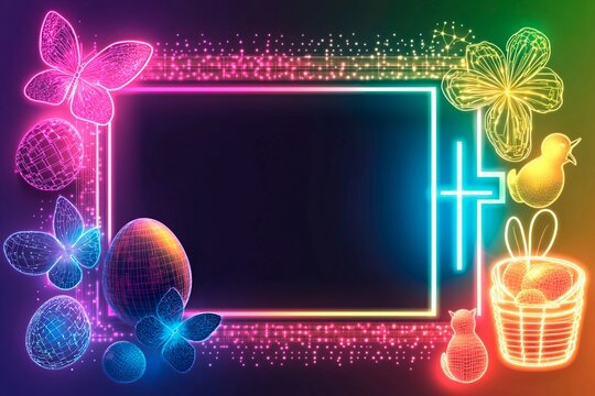 Colorful neon radiance square frame surrounded by festive elements for spring celebrations in a vibrant setting