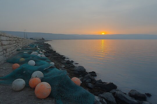 Serene sunset over calm lake with fishing nets and buoys on rocky shore