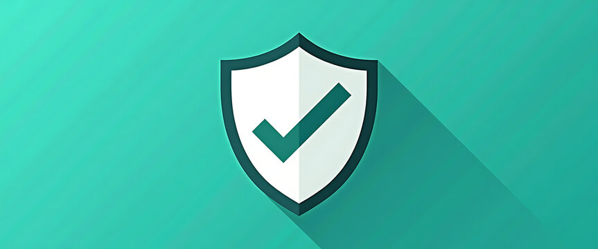 White security shield with bold green checkmark icon for cyber security system on dark turquoise background.