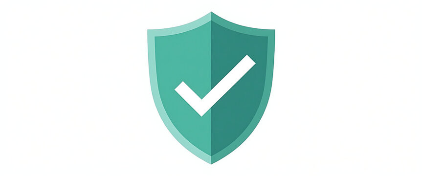 Green security shield with white checkmark icon for verified cyber protection on isolated white background.