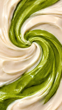 Macro close up of swirled matcha green tea and white cream cosmetic product or gourmet dessert sauce texture   