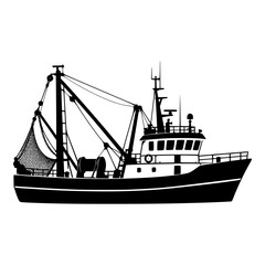 Fishing Trawler Boat with Net and Rigging, Black Vector Silhouette © Selda