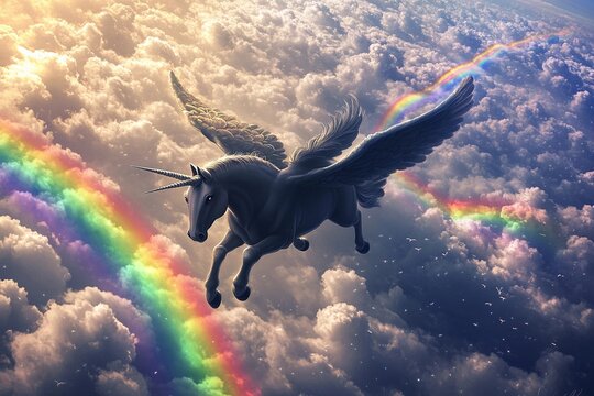 Winged unicorn gracefully soaring among vibrant clouds and rainbow in a magical sky
