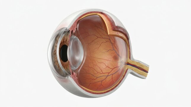 Detailed 3D rendered cross-section of human eye anatomy showing intricate internal structures like the retina, lens, iris, and optic nerve, presented on a clean white background for medical and educat