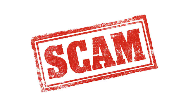 Red grunge rubber stamp with the word SCAM inside a rectangular frame