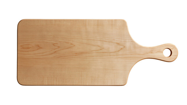 Rectangular wooden cutting board with a handle and a circular hanging hole