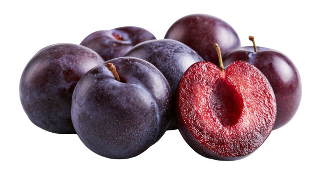 Fresh ripe purple plums with one sliced half showing juicy red flesh