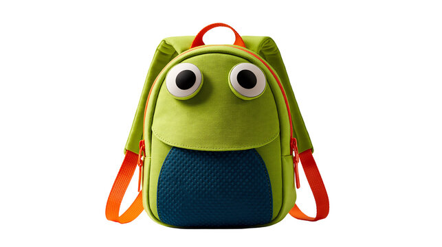 Green frog shaped children backpack with orange straps and large white eyes