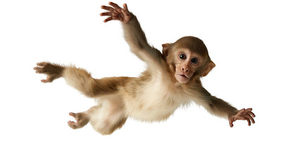 Young rhesus macaque monkey jumping and reaching with arms outstretched © Veikko