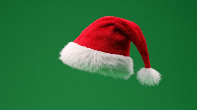 Bright red and white santa christmas hat floating in midair, isolated on a vibrant green screen background with fluffy fur trim and pom-pom, festive holiday headwear concept with clean chroma key back