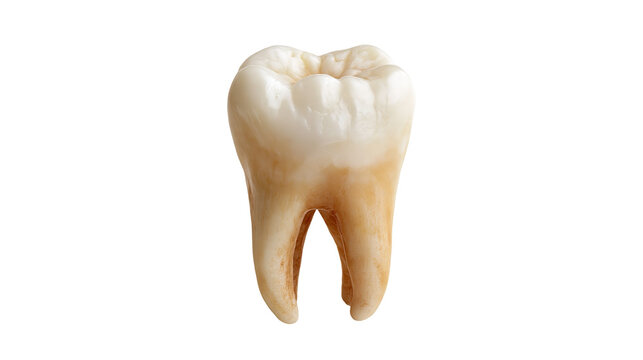 Human molar tooth with stained roots and enamel surface
