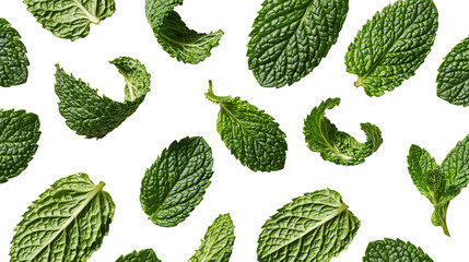 Fresh green peppermint leaves scattered in a pattern © Veikko